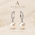 Polished Oval Hoop Pavé Bar 925 Sterling Silver Pearl Earrings